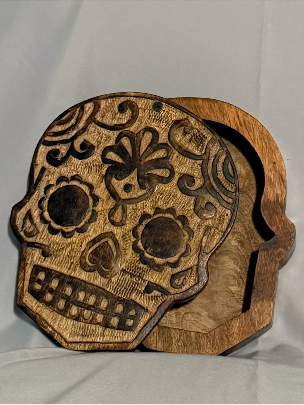Hand-Carved Brown Decorative Sugar Skull Trinket Box